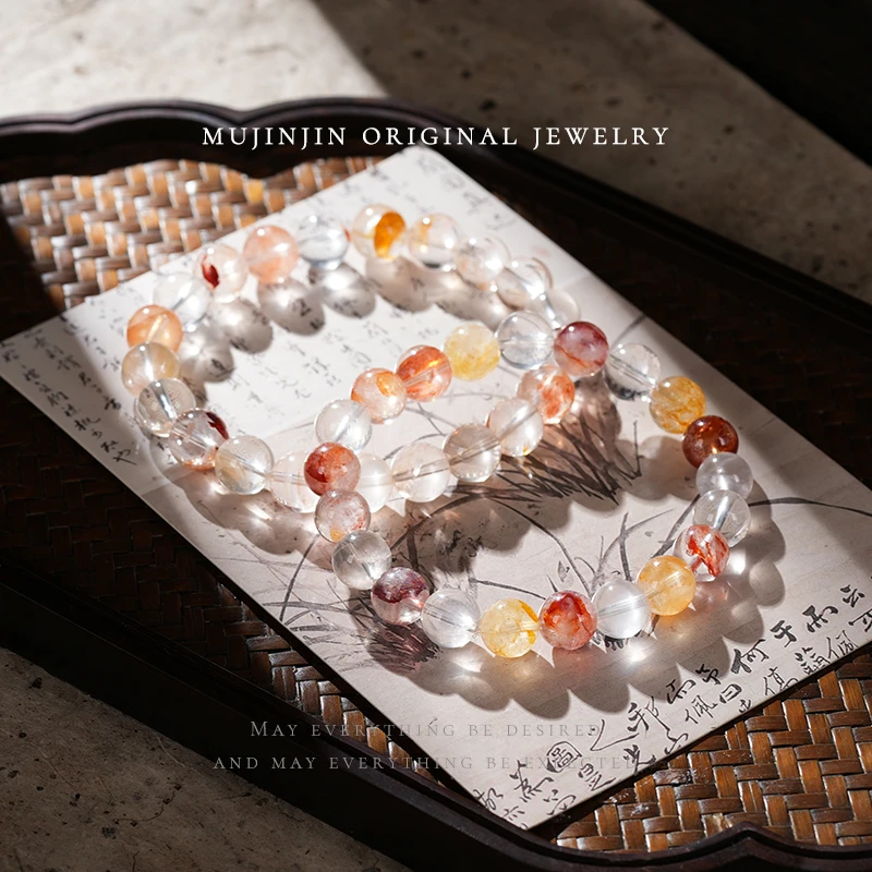 【木槿槿】天然锦鲤胶花水晶手串女款约9m素圈手链YW1650多样性发一