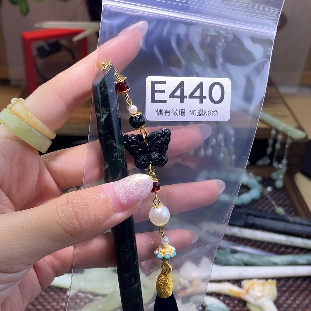 蛇纹石玉发饰银S925镀金镶嵌延