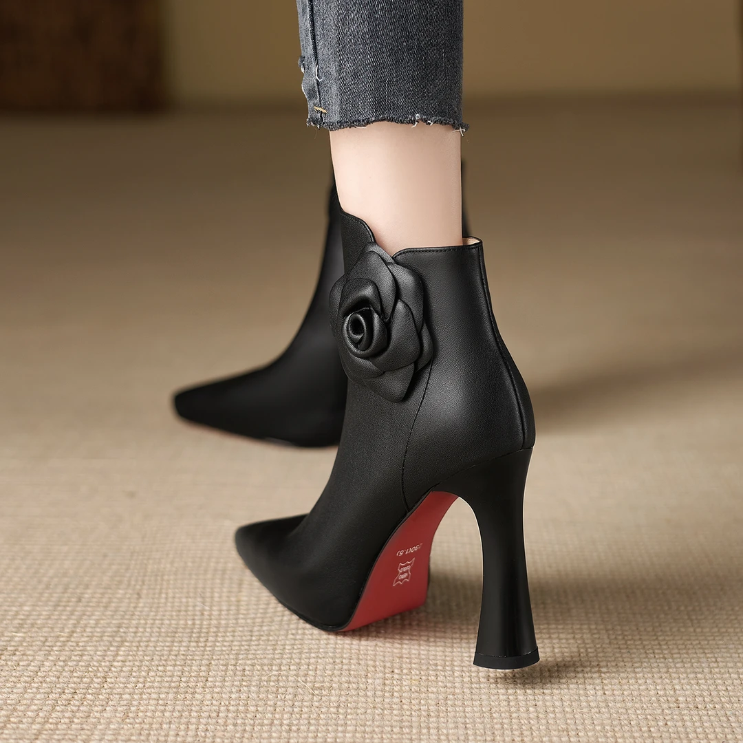 小个子增高10cm山茶花真皮高跟靴子防水台短靴女冬加绒厚底时装靴
