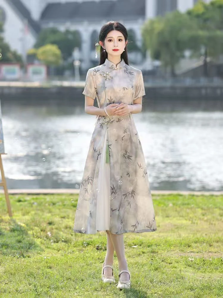 日常复古港风新中式旗袍中国风少女修身仙女时尚复古连衣裙