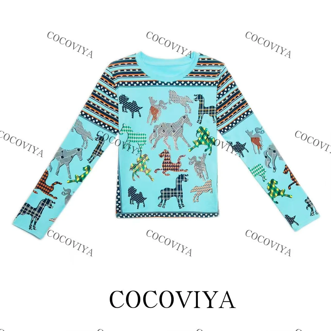 【CC】COCOVIYA萌马嬉游多彩格纹长袖T恤时尚内搭休闲上衣26C-07