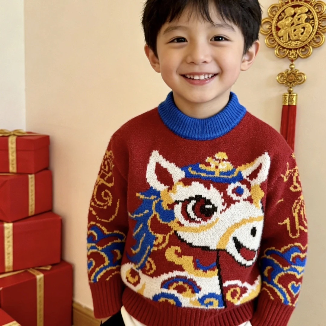 男女童马年针织毛衣新年红色加厚拜年服亲子装2026秋冬打底衫