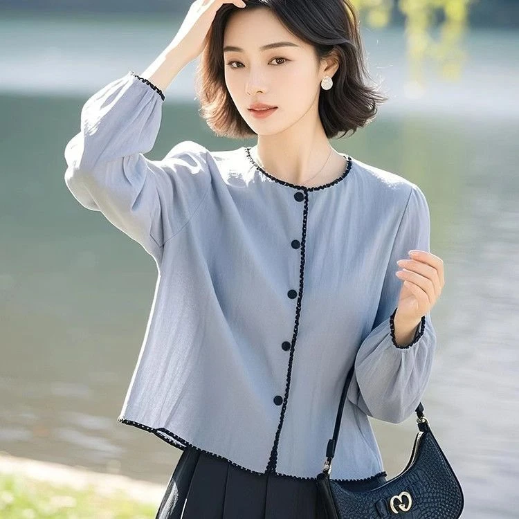 2025超火女士春季独特显瘦小衫慵懒风蓝色衬衫高级感百搭上衣