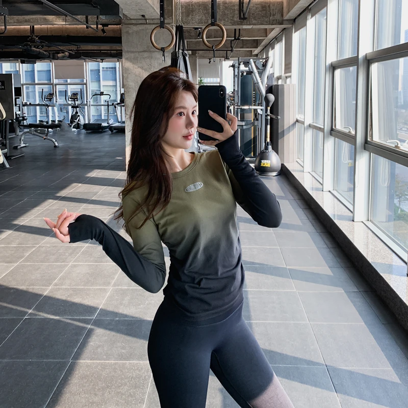 套指无缝收腰显瘦大码女健身服瑜伽服上衣速干衣跑步长袖运动T恤