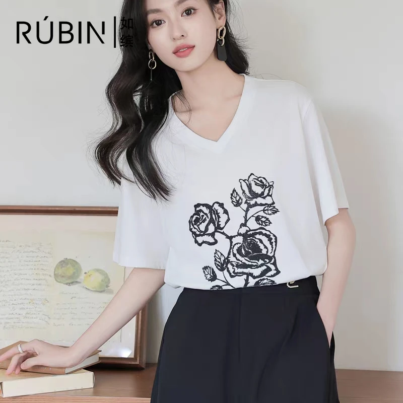如缤RUBIN2024夏季款正品女装V领时尚宽松短袖上衣百搭6L21T61170