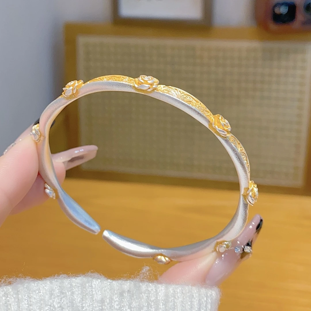 足银手镯 银9999描金拉丝玫瑰花手镯开口女实心新中式民族风百搭