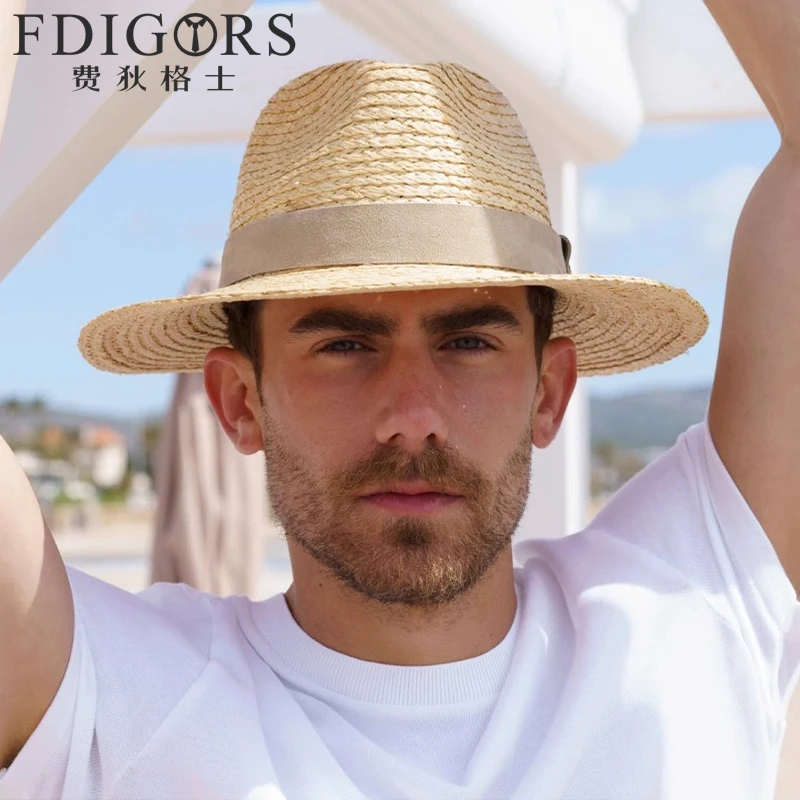 FDIGORS大头围草帽男款夏季草编巴拿马天然拉菲草遮阳帽绅士帽子