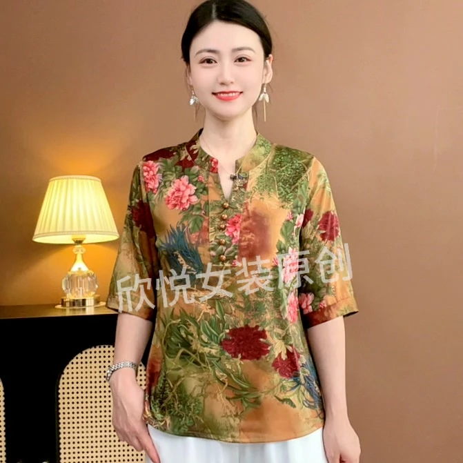 新款复古国风气质妈妈装小衫夏季轻薄洋气遮肉显瘦上衣BD13538208