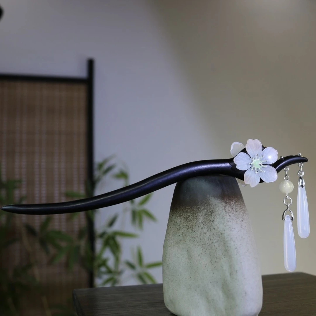 双面天然发簪古风黑檀木18cm【清伊】步摇高级流苏清新盘发汉服花朵