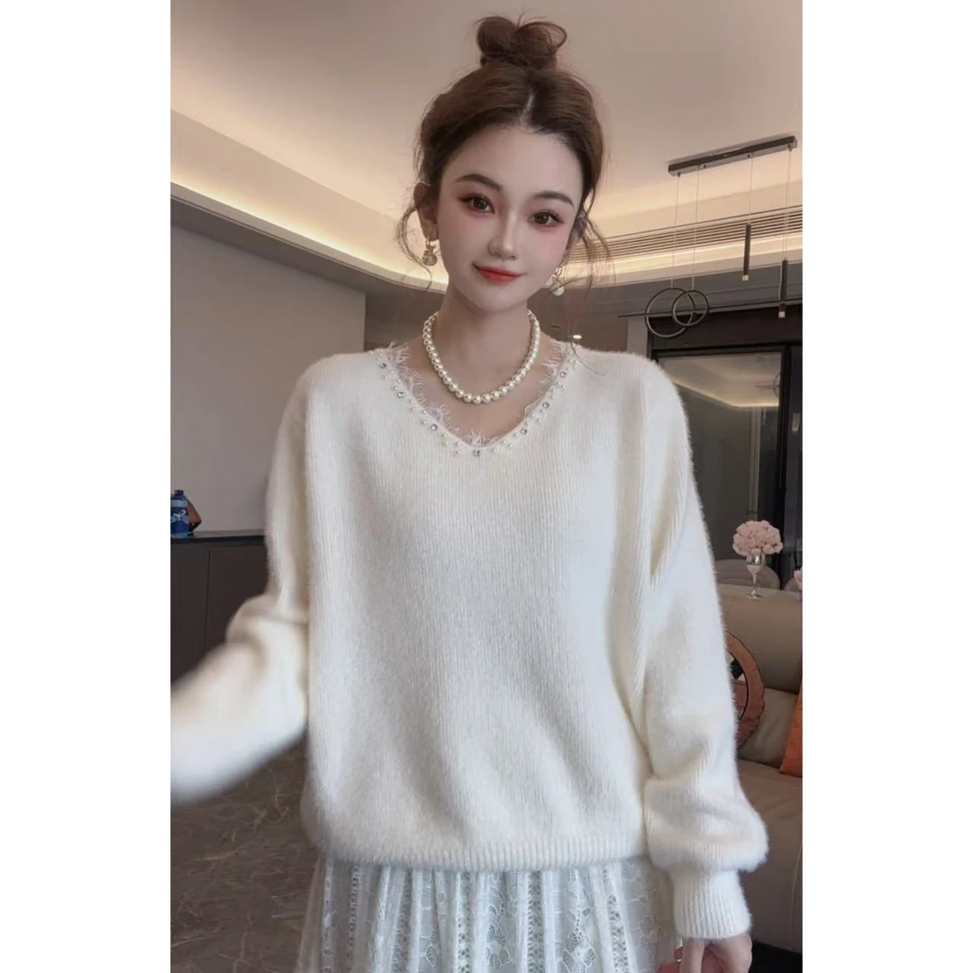 不起球 温柔风V领蕾丝钉珠毛衣女小心机加厚针织衫上衣