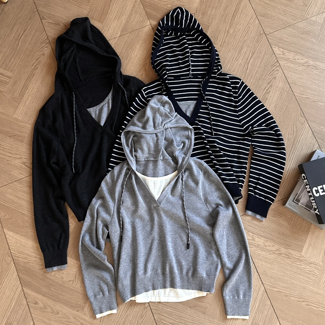 【米可家】早秋连帽假两件针织上衣2660