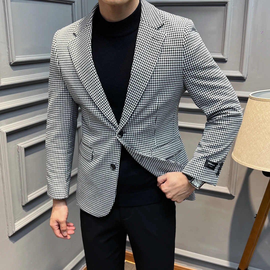 千鸟格西装外套男高级感帅气单西潮流时尚修身商务休闲英伦风西服