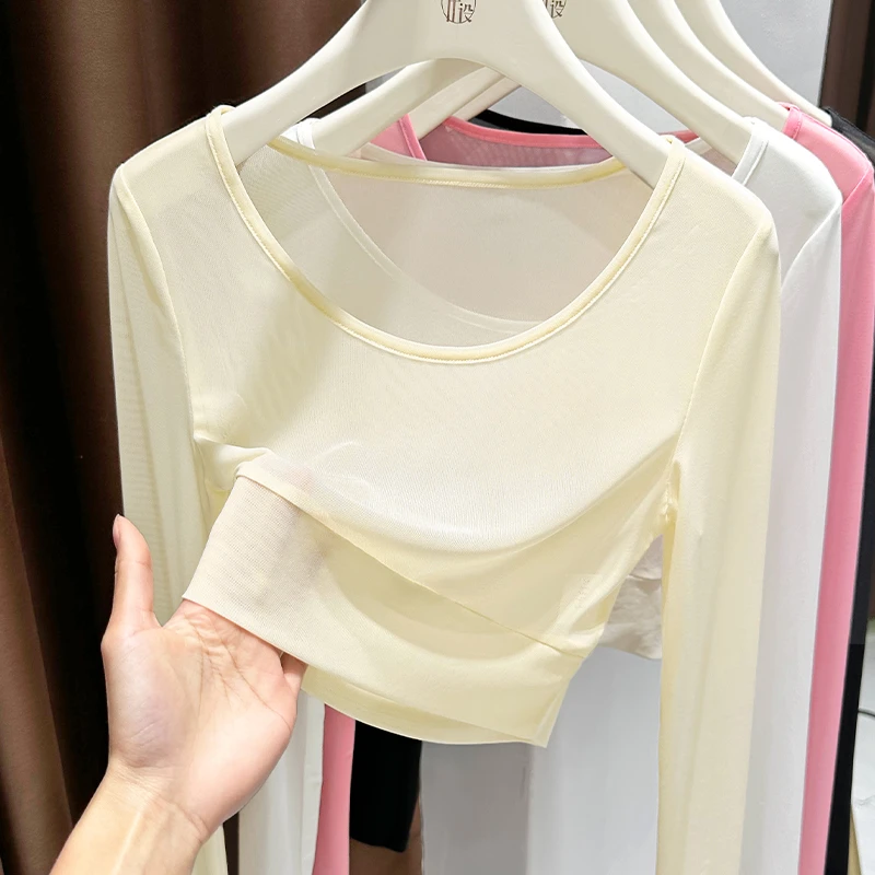 洋气大圆领透气网纱短款长袖上衣女杏色叠穿罩衫夏季爆款镂空T恤