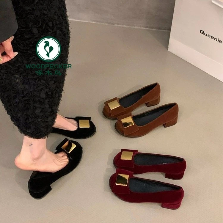 啄木鸟法式粗跟小香风单鞋女鞋子春夏2025绒面气质蝴蝶结晚晚鞋女