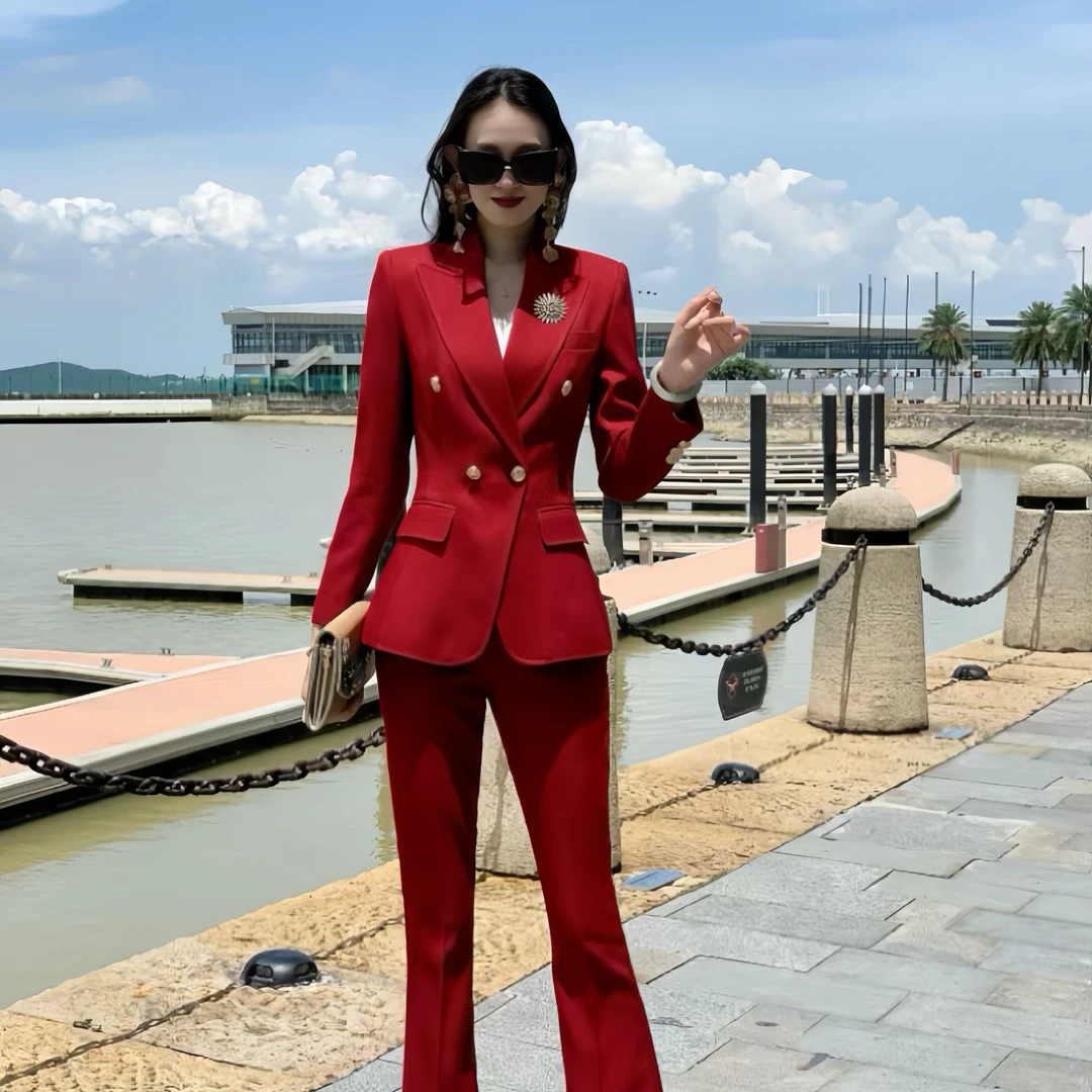 9883秋冬新款红色通勤商务修身款礼服常规女西装韩版一粒扣纯色