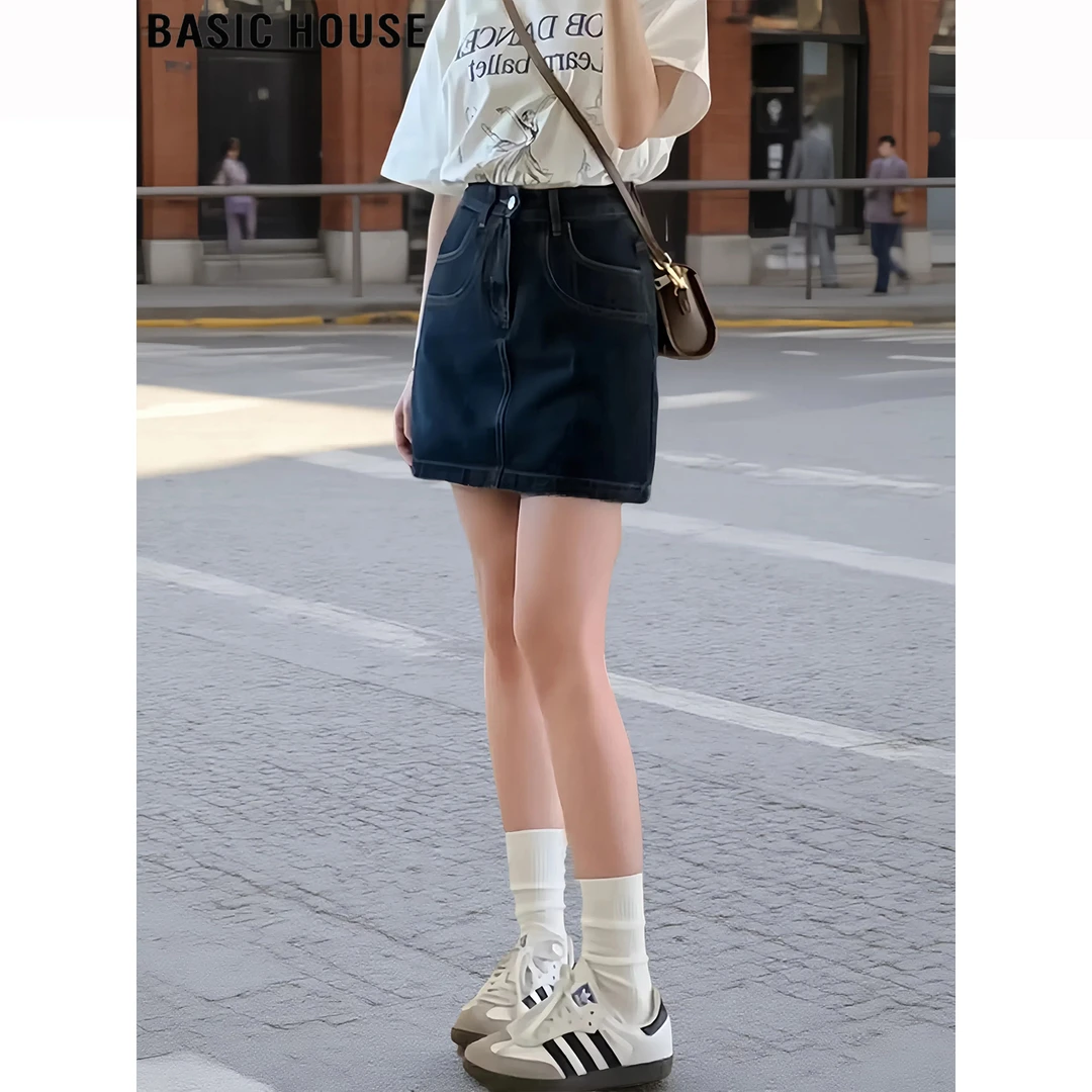 Basic House/百家好韩系高腰牛仔短裙女夏季梨形身材A字半身裙子