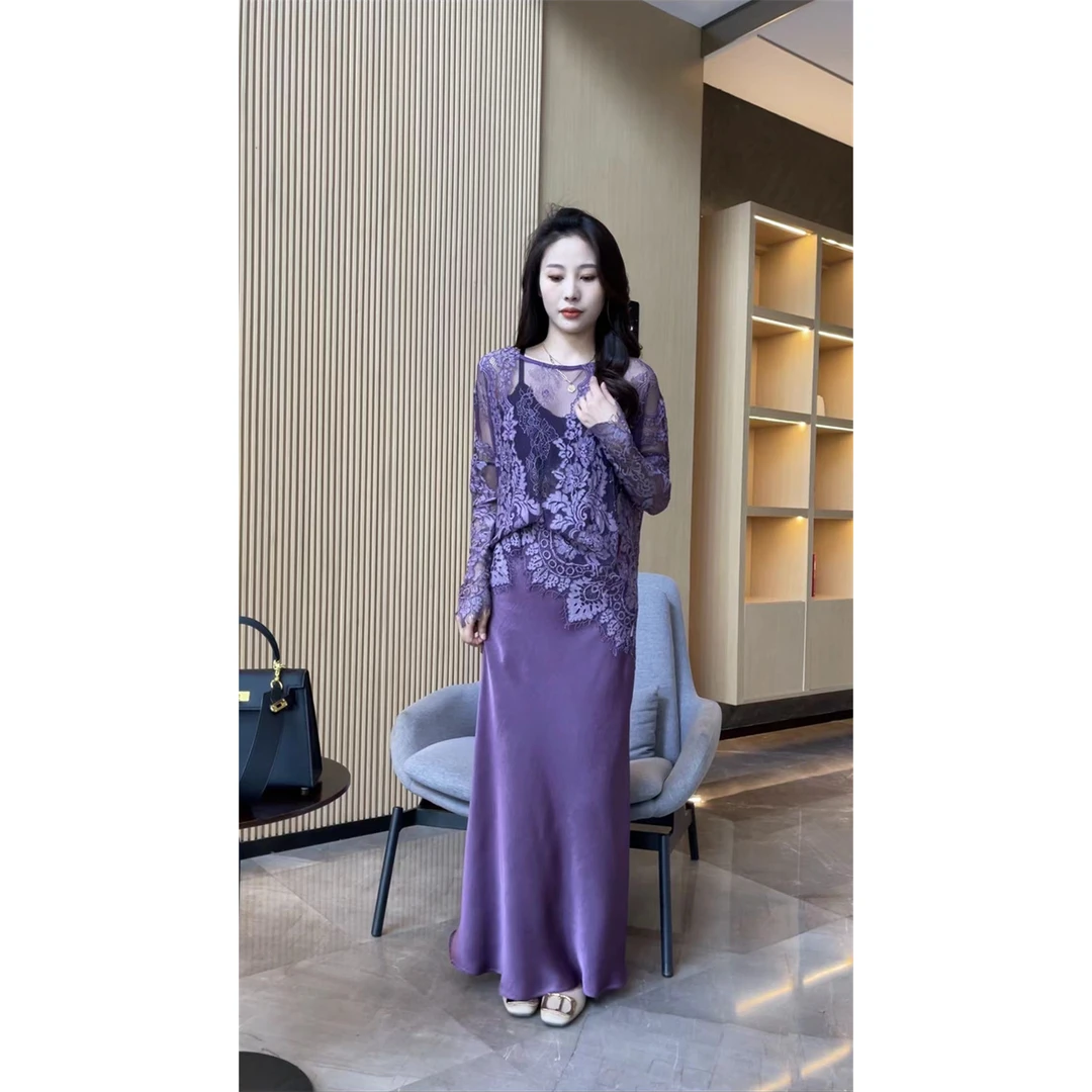 【梦婷家】蕾丝减龄上衣+法式復古女气质垂坠感半身裙套装-1603