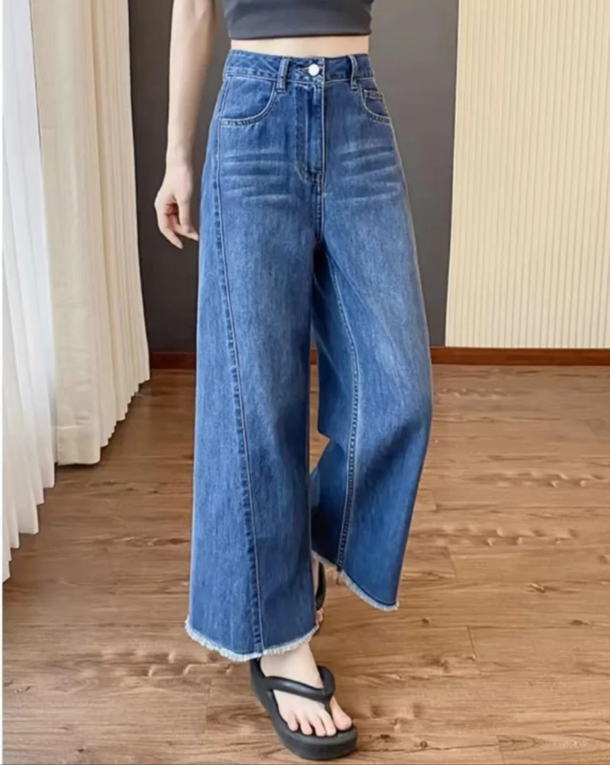 夏季新款 大码 毛边直筒牛仔裤 高腰显瘦九分阔腿裤