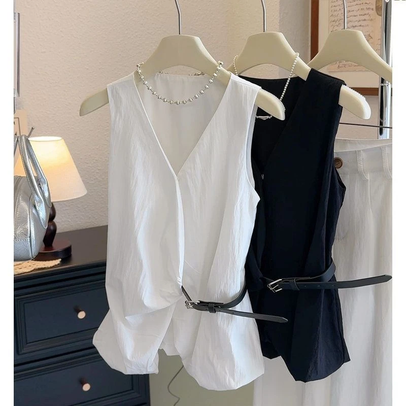 2025夏季新款小众设计感侧系皮扣收腰显瘦无袖背心衬衫上
