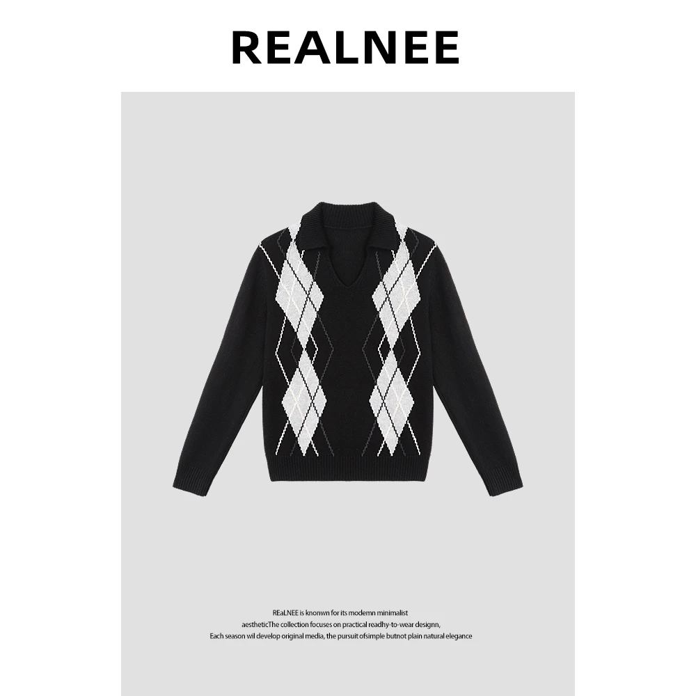 【知识学社】“Y毛衫”复古混纺翻领菱形格纹Y毛毛衣RLMMA4MY09003