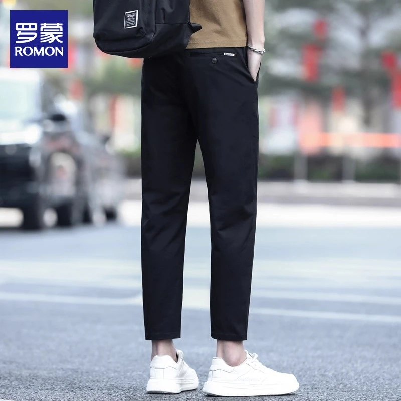 罗蒙休闲裤男士2025年夏季修身小脚九分裤百搭纯色商务长裤子男款
