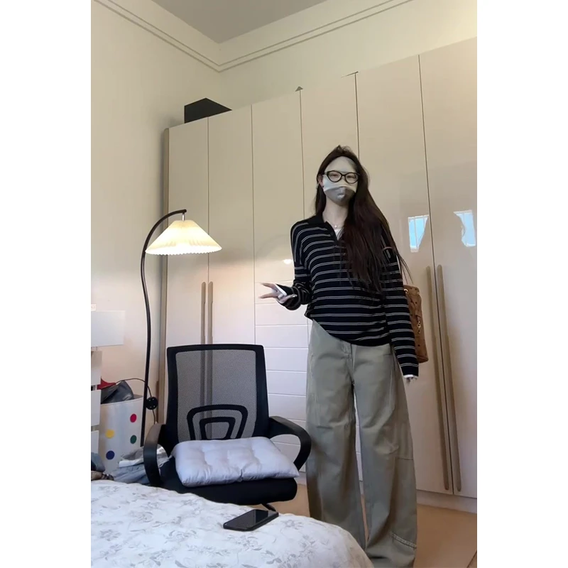 早秋慵懒POLO领条纹拼接长袖针织上衣高腰休闲阔腿裤女时尚套装