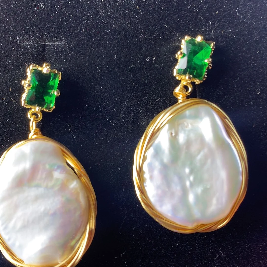 银S925镶嵌淡水珍珠耳饰淡水珍珠复古公主绿耳环