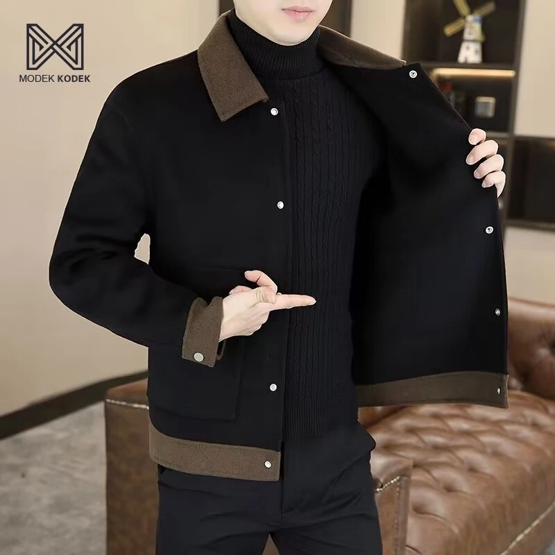 MODEK KODEK春秋翻领纽扣毛呢大衣中长款修身商务呢大衣加厚休闲