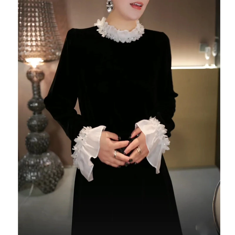 法式气质花边拼接丝绒长袖T恤女2025秋冬新款精致感显瘦打底上衣