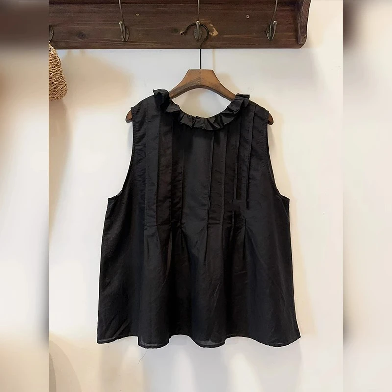高级设计感轻奢黑色压褶木耳边无袖上衣宽松显瘦修身百搭背心夏季