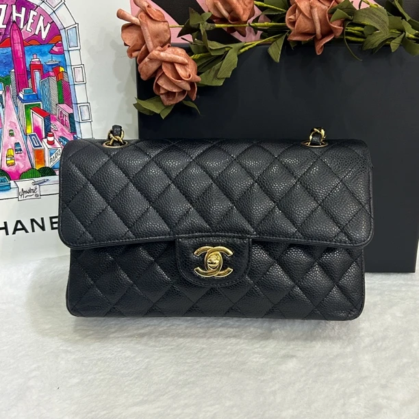 99新 Chanel/香奈儿 黑金荔枝纹牛皮cf小号