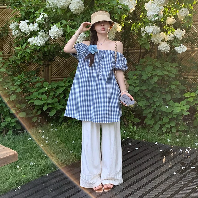 孕妇套装一字肩中长款宽松格子上衣连衣裙长裤夏季新款显瘦两件套