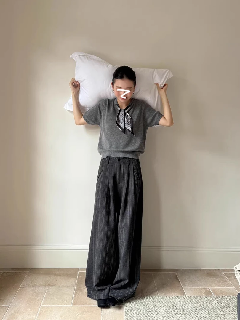 老钱风初秋穿搭套装短袖针织衫上衣女装秋季条纹西装休闲裤两件套