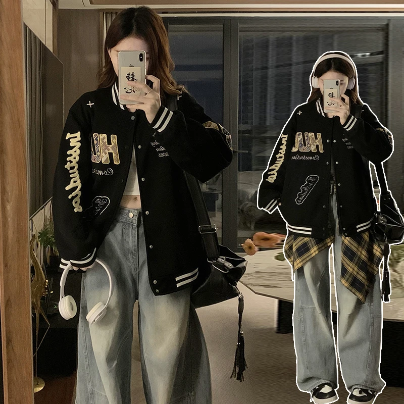 初高中学生美式贴布棒球服2025春季新款学院风少女撞色刺绣外套