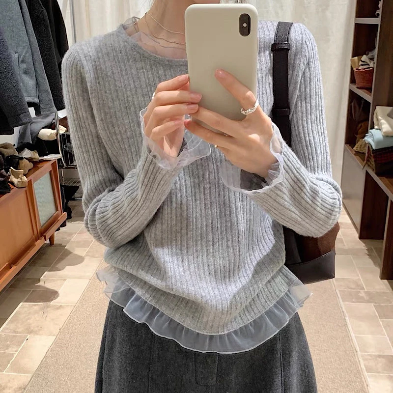 婷～韩系甜美蕾丝边羊.毛针织衫女秋冬设计感小众休闲百搭打底上衣