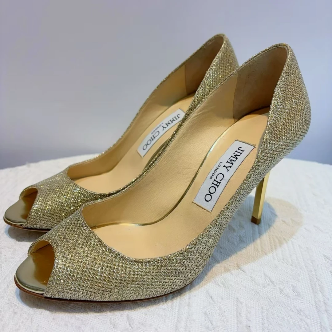 95新 JIMMY CHOO/吉米周 蔚蓝/香槟金 亮片鱼嘴高跟鞋 35码 跟高9
