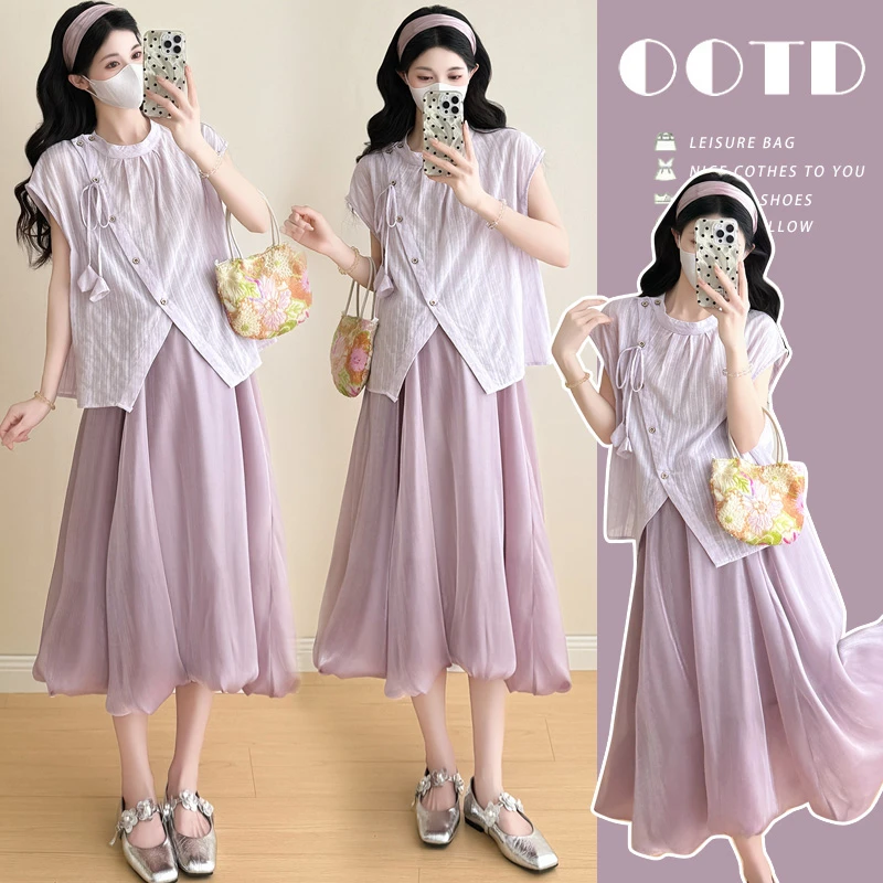 2025新款孕妇套装夏季高级感显瘦不规则短袖上衣花苞半身裙两件套