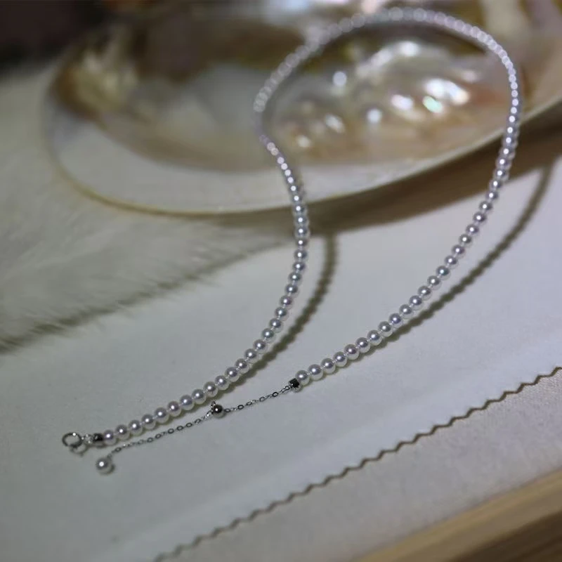 链子925银 正圆强光极光白小米粒小米珠项链带耳钉百搭气质