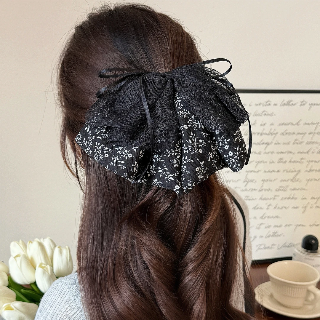 复古黑色碎花蝴蝶结抓夹新款女气质优雅低马尾夹脑勺发卡发夹头饰