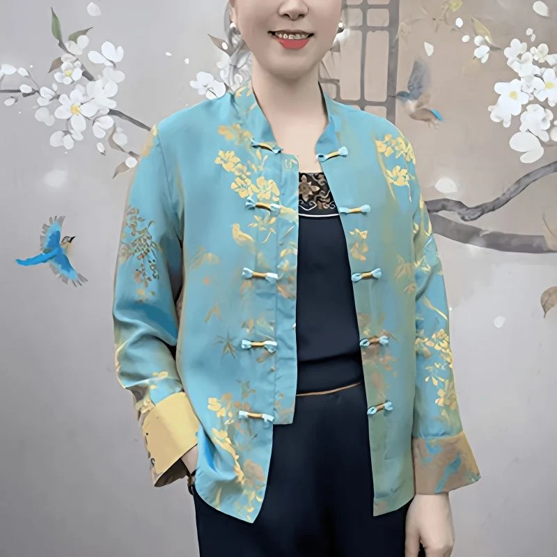 新中式高档洋气长袖单面国风印花外套早秋网红气质盘扣设计上衣