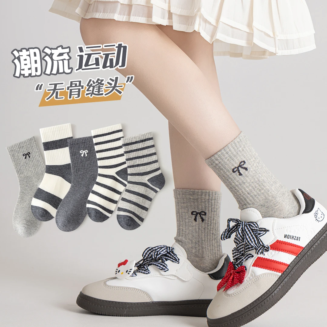 女童袜子春秋无骨中筒袜女孩秋冬季ins潮运动袜学院风蝴蝶结棉袜