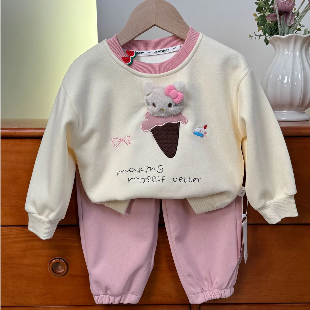 52009可爱小猫卫衣春秋新款小女孩可爱卡通字母刺绣卫裤