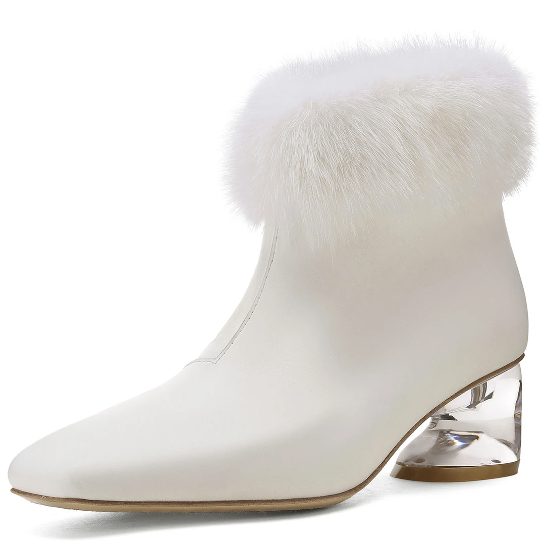 高档舒适时尚百搭原创奢侈貂毛粗跟方头水洗马皮短筒马丁靴真皮底