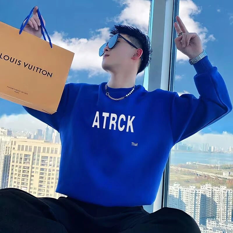 百搭潮牌克莱因蓝卫衣长袖t恤男圆领常规套头秋季休闲印花青少年