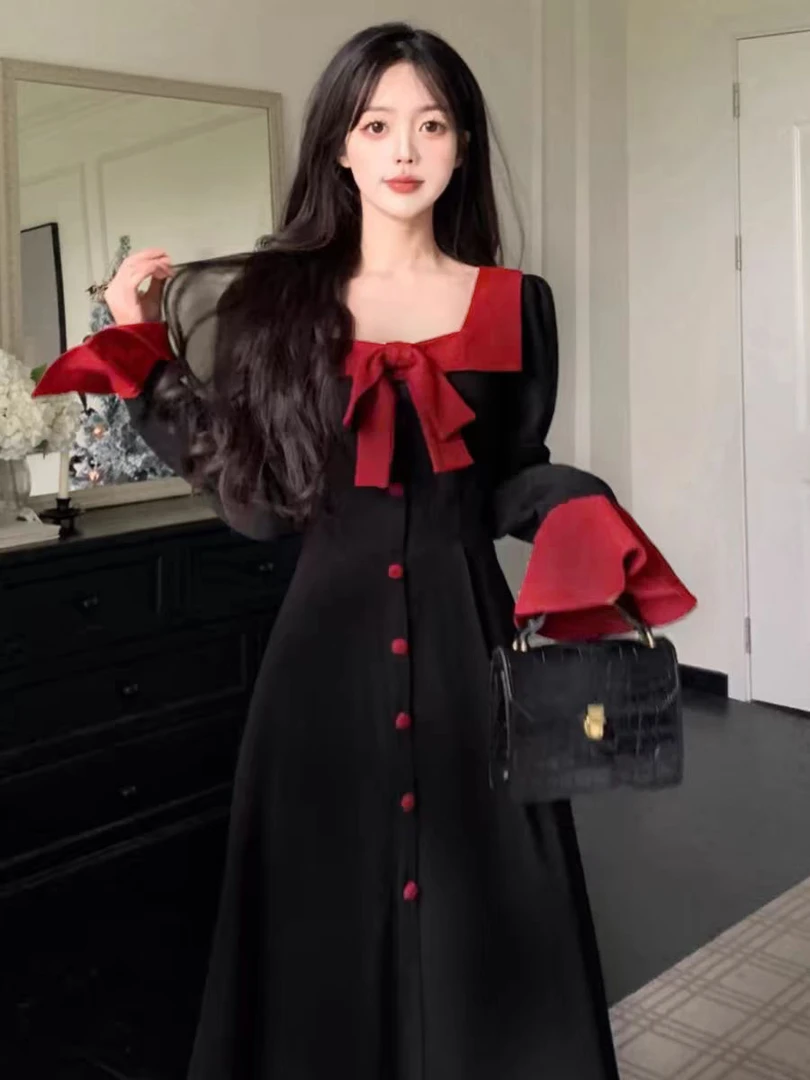 （现货）长袖连衣裙秋季收腰显瘦蝴蝶结长裙胖MM赫本风气质裙1612