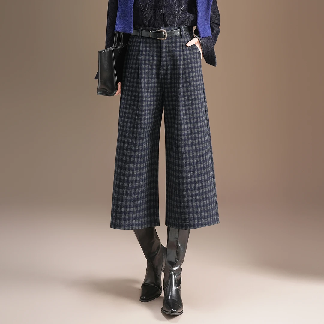 毛呢复古格子宽松阔腿裤垂感高级感小个子超好看女裤子冬季八分裤