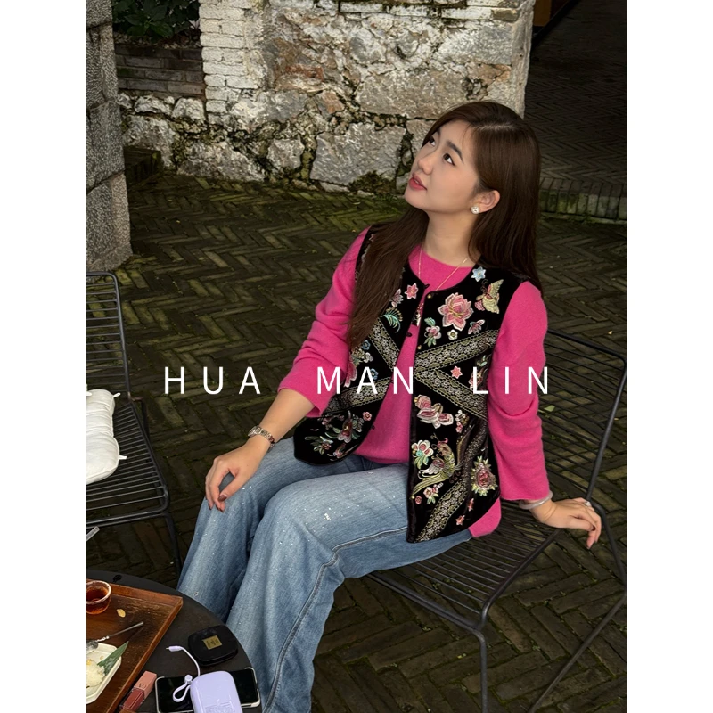 【花满林】‘桃花笑’圆领正门襟重工刺绣真丝桑蚕丝丝绒马夹257532