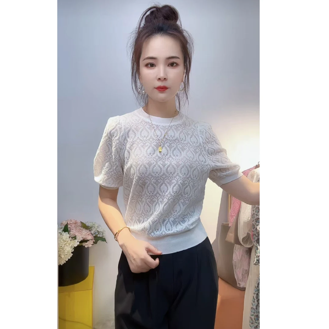 茜舞短袖针织衫女2025时尚百搭织花上衣【33F197】