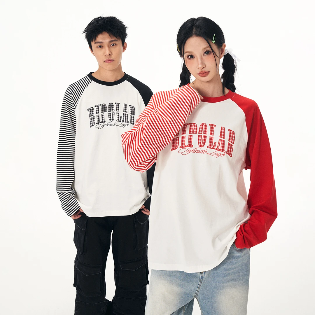 BIPOLAR格纹贴布撞色插肩长袖 11S085