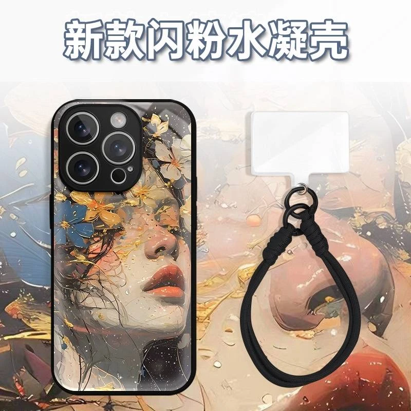 艺术油画花朵女孩水凝玻璃壳适用iPhone苹果16手机壳华为oppo小米